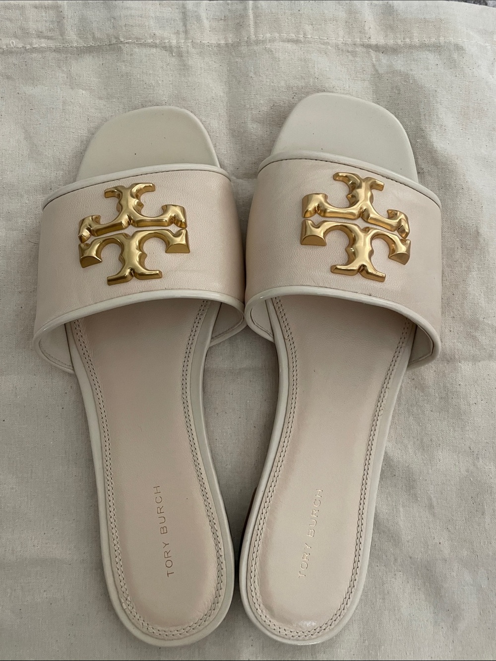 Tory Burch Cream Leather Slide Sandals with Gold Logo Accent